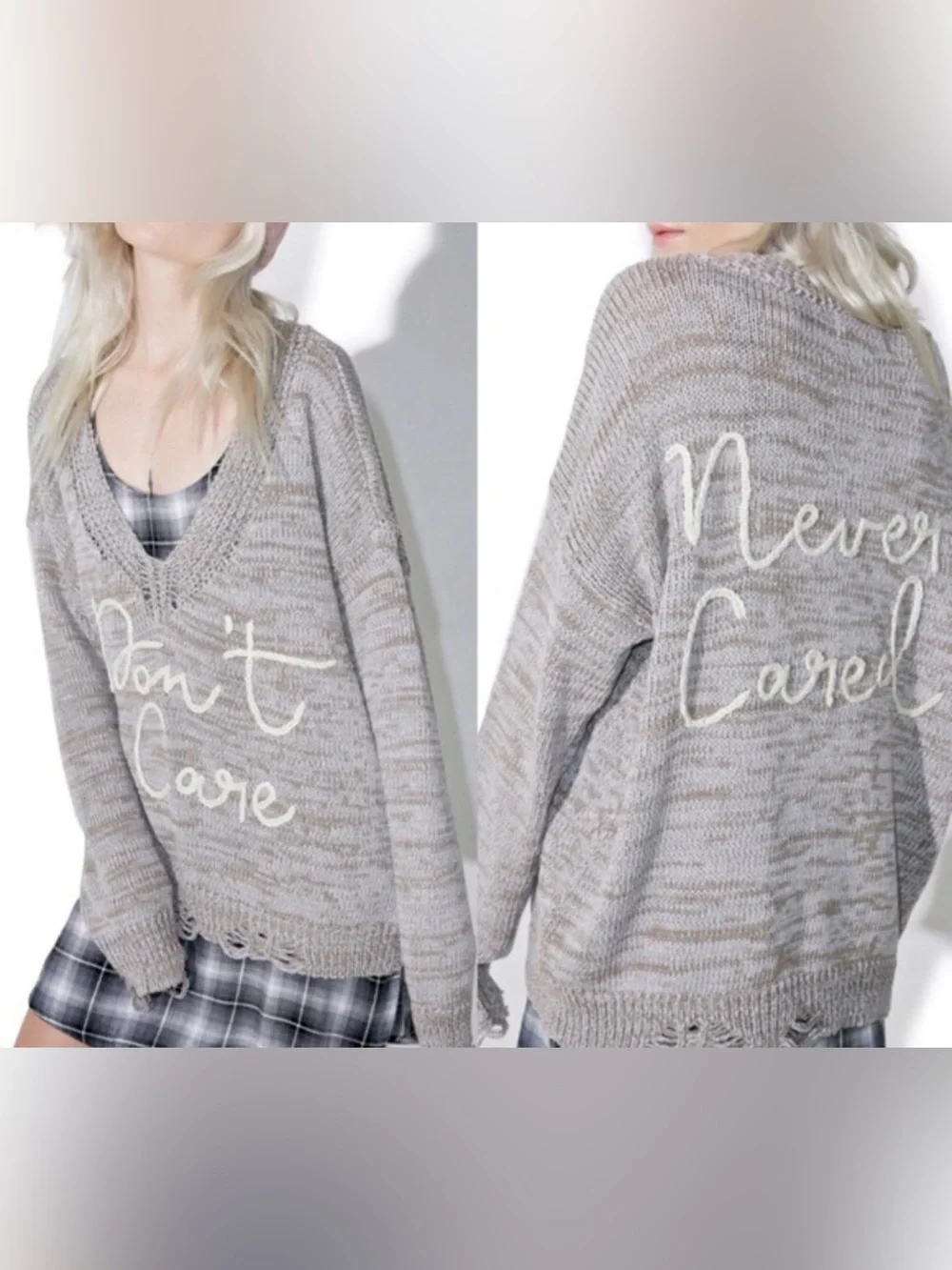 Wildfox Gray Beige Don’t Care Never Cared Distressed Sweater M
